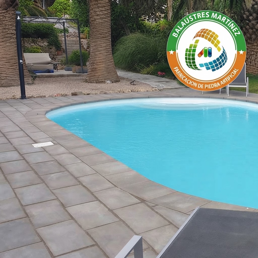 Remate de piscina Domus de piedra artificial en color crema con borde redondeado y diseno modular para una coronacion perfecta
